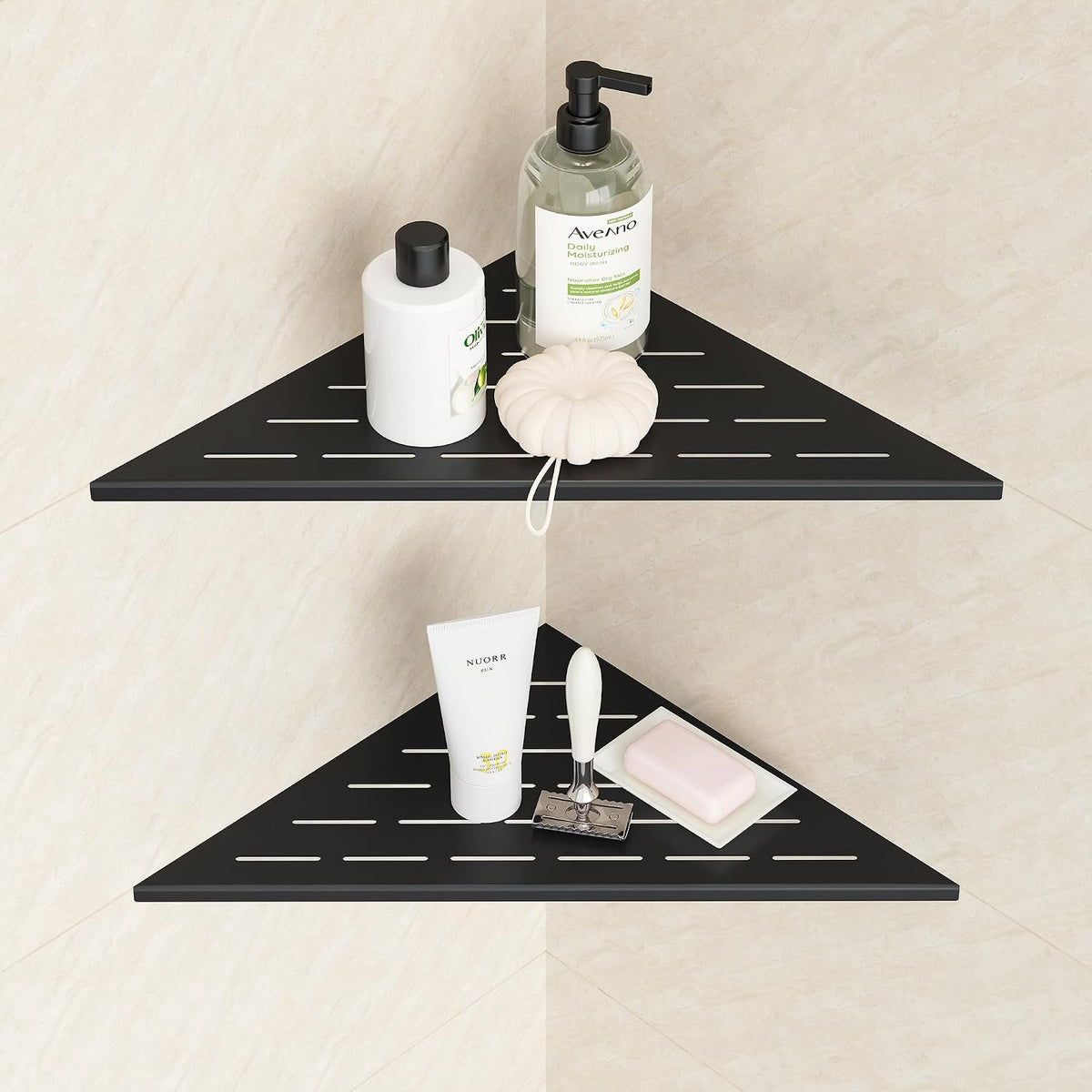 Neodrain 12 Inch Black Corner Wall Shelf for Tile Wall Insert, Set of 2
