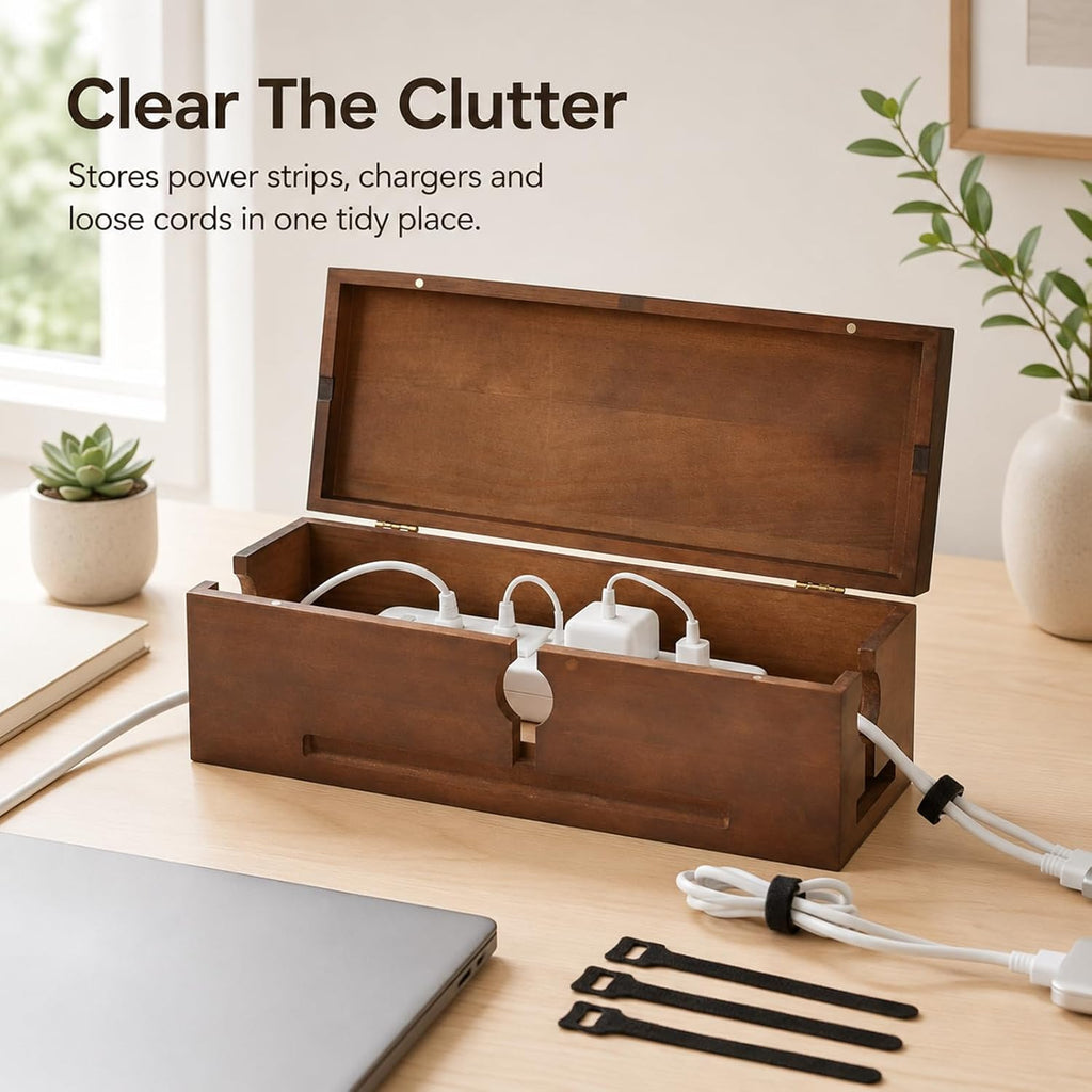Wood Cable Management Box for Power Strip, Solid Wood Cord Organizer Box with Lid, Wire Storage Box for Desk, Living Room, Office and Media Setup