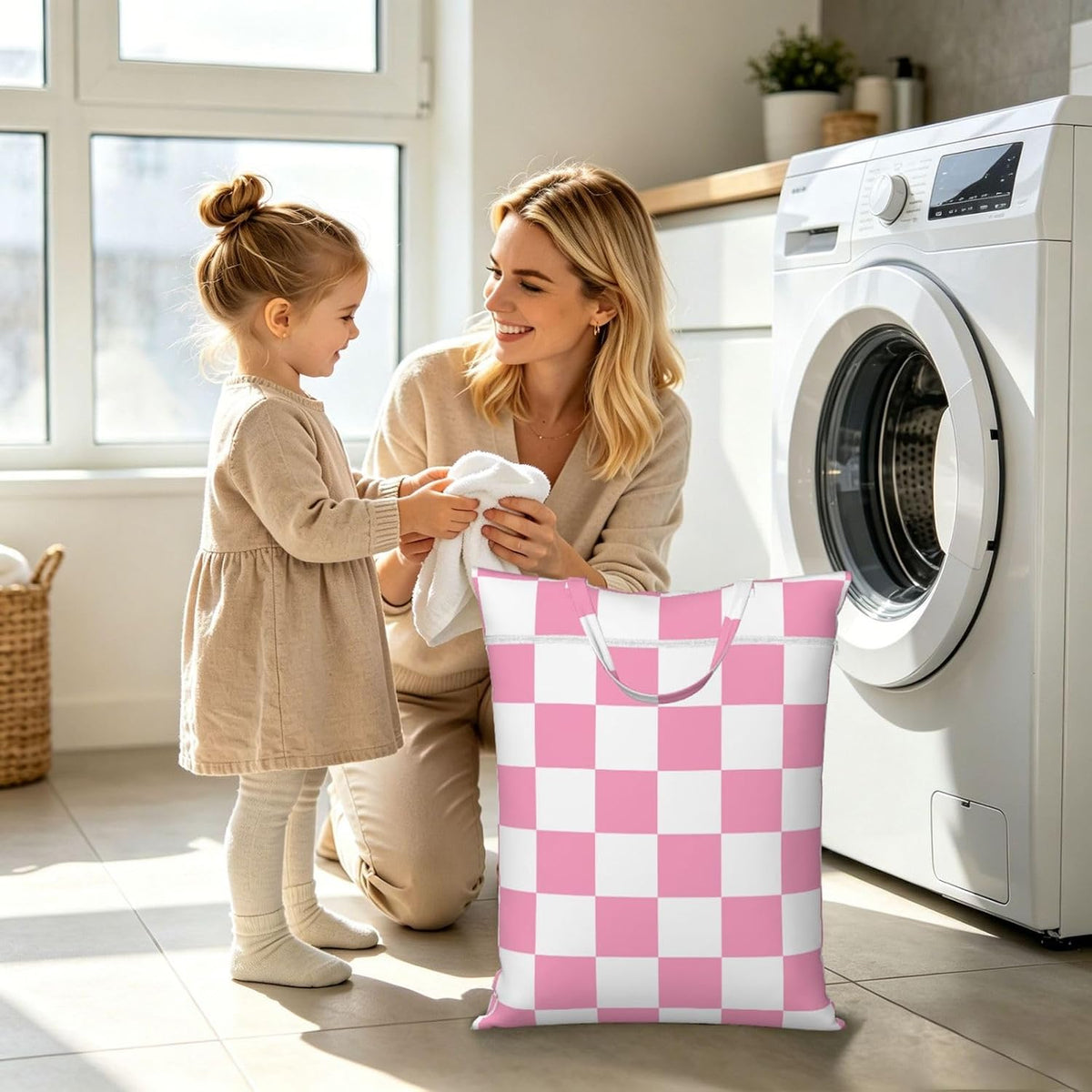 "pink and white checkerboard plaid 2-Pack Travel Laundry Bags for Dirty Clothes- Large Waterproof Laundry Tote, Wet & Dry Use, Reusable Foldable Carry Handles for Vacation, Gym & Dorm"