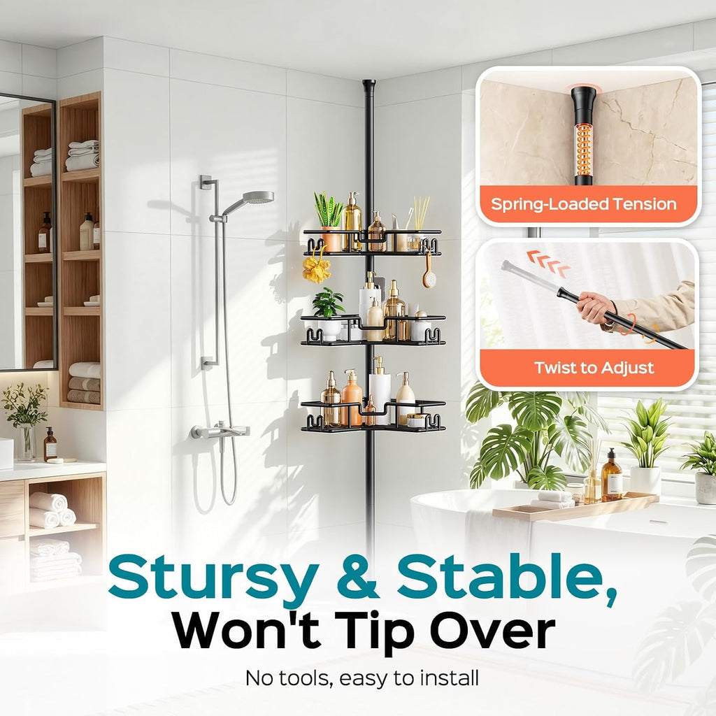 HAMITOR Corner Shower Caddy Tension Pole: 4-Tier Adjustable Shelf Black