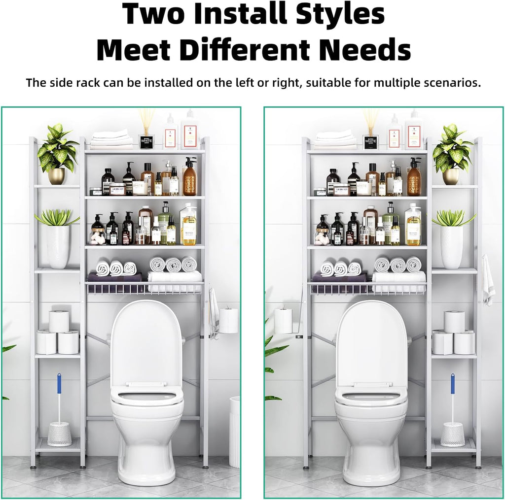 Kalrin 8-Tier Over The Toilet Storage with Side Rack, Over Toilet Storage Rack with Adjustable Shelf & Drain Basket, Freestanding Bathroom Organizer for Balcony, Laundry (Pure White)