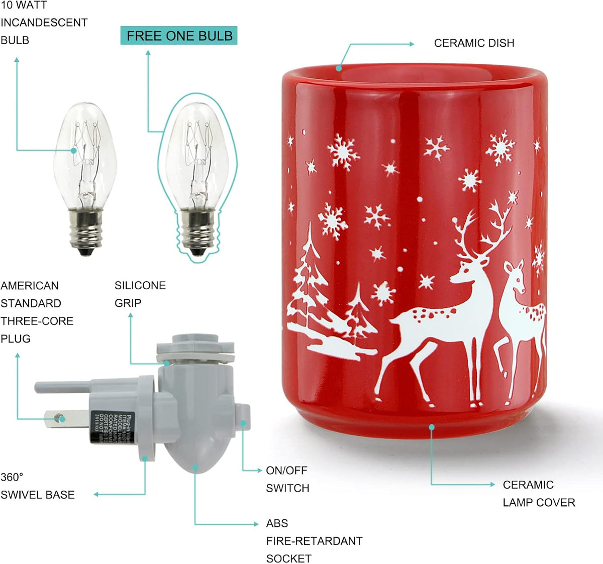 STAR MOON Pluggable Fragrance Ceramic Wax Melt Night Light Warmer for Christmas Decoration No fire Hazard Packed with Two Bulbs - Abrasive Red Reindeer