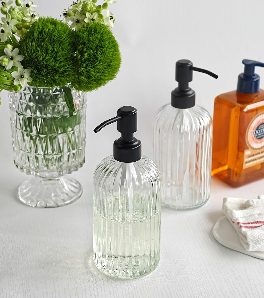 JASAI 2PACK 18Oz Simple Glass Soap Dispensers with Black Rust Proof Pump