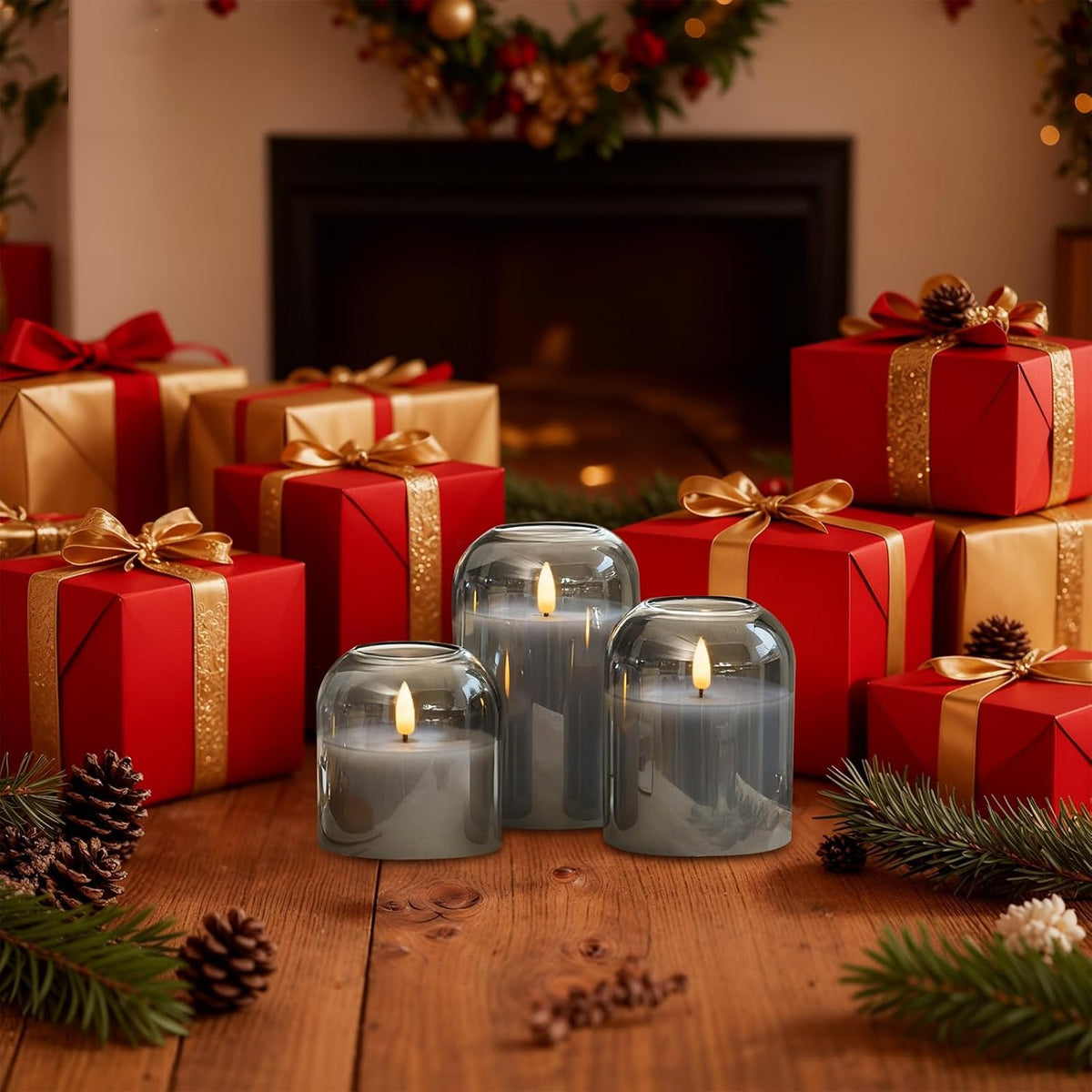 Homemory Glass Flameless Candles with Remote Real Wax Filled, 4"x4"5" 6"