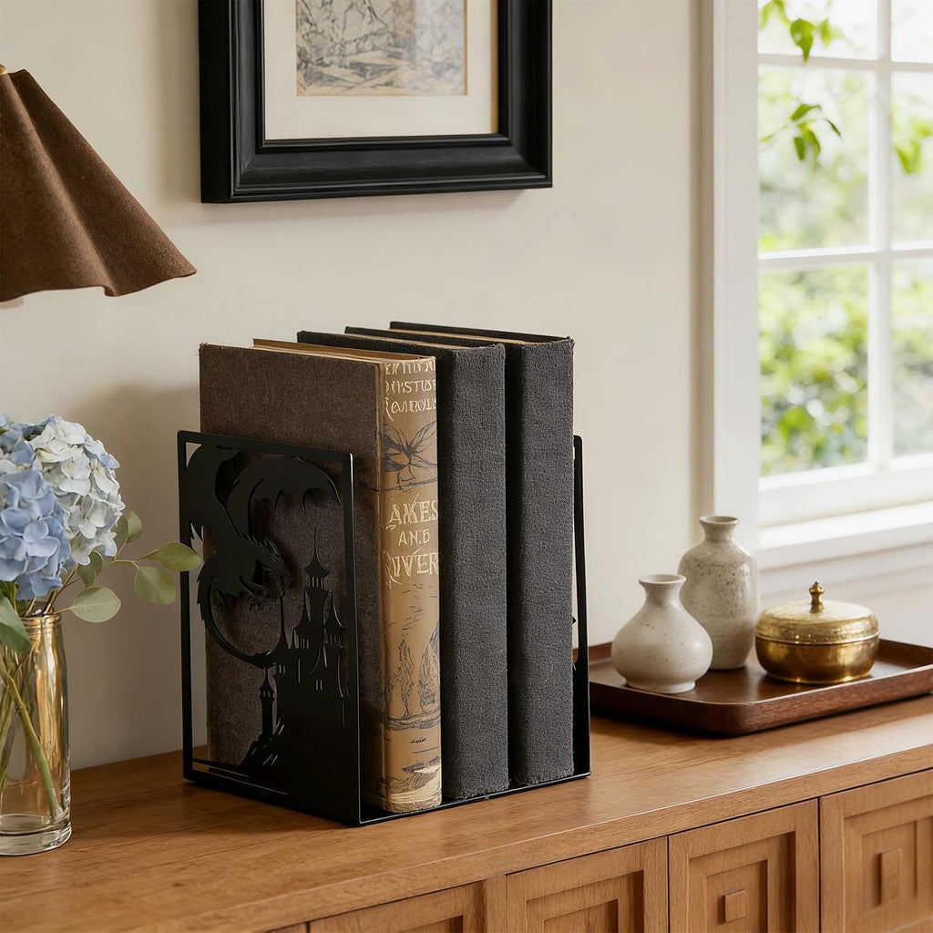 Gothic Dragon Bookends, Black Metal Castle Design, 7.1 x 4.7 Inch, Decorative Book Holders with Non-Slip Base, 2 Piece Set
