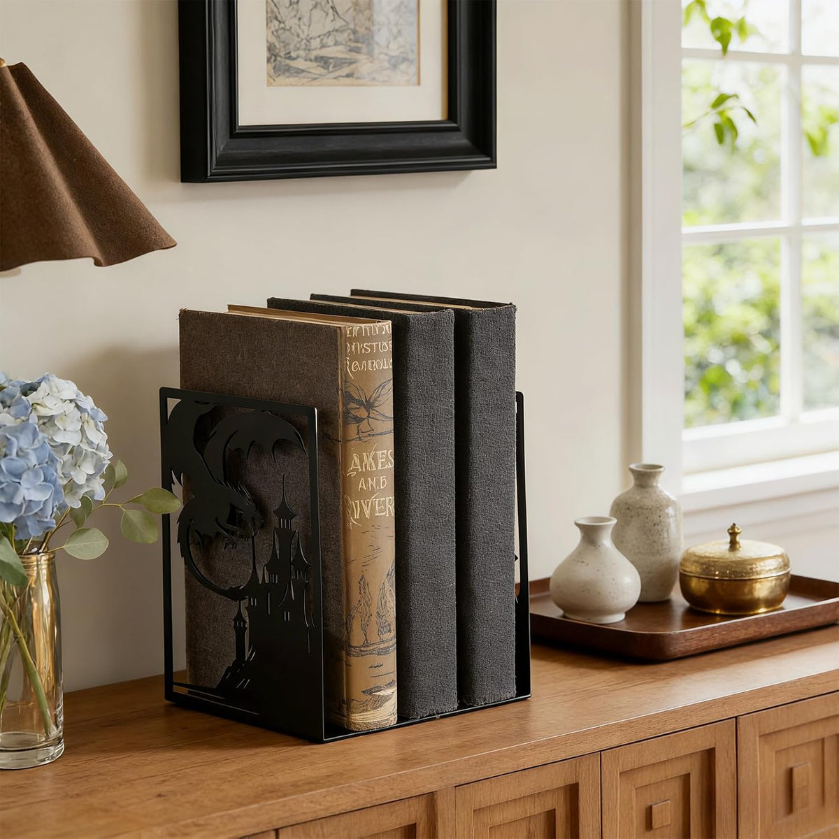 Gothic Dragon Bookends, Black Metal Castle Design, 7.1 x 4.7 Inch, Decorative Book Holders with Non-Slip Base, 2 Piece Set