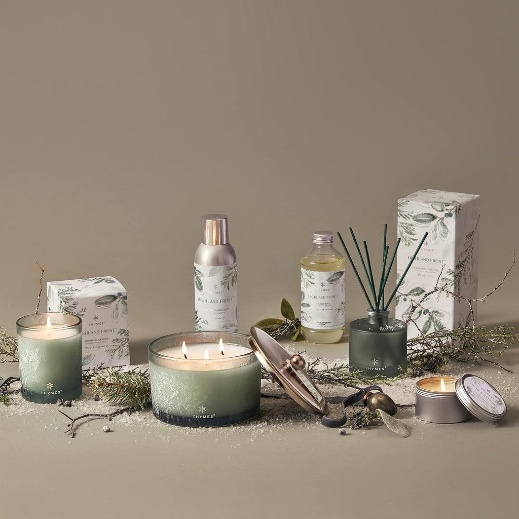 Thymes Petite Oil Reed Diffuser Set – Includes Reed Diffuser Sticks, Fragrance Oil, & Glass Bottle – Luxury Home Decor – Holiday Decor – Winter Scents – Sage-Green (Highland Frost, 4 fl oz)