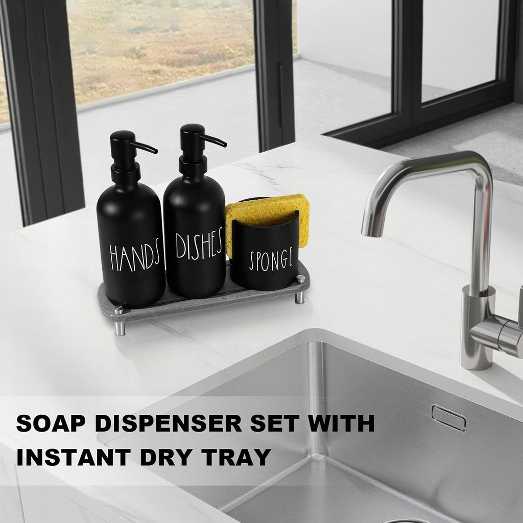 Hand and Dish Soap Dispenser Set, Kitchen Soap Dispenser Set with Sponge Holder, Black Glass Dish Soap Dispenser for Kitchen with Pump, Instant Dry Tray, 17 fl oz Farmhouse Kitchen Decor