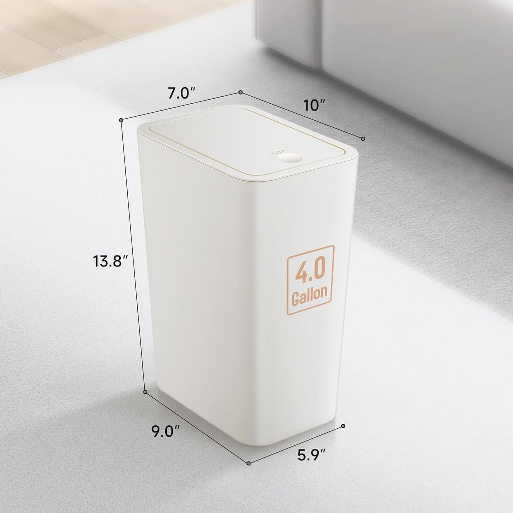 TIPGO Bathroom Trash Can with Lid, 4 Gallon / 15 Liter Small Garbage Can, Press Top Bin, Plastic Wastebasket with Pop-Up Lid for Bedroom, Living Room, Office (White)