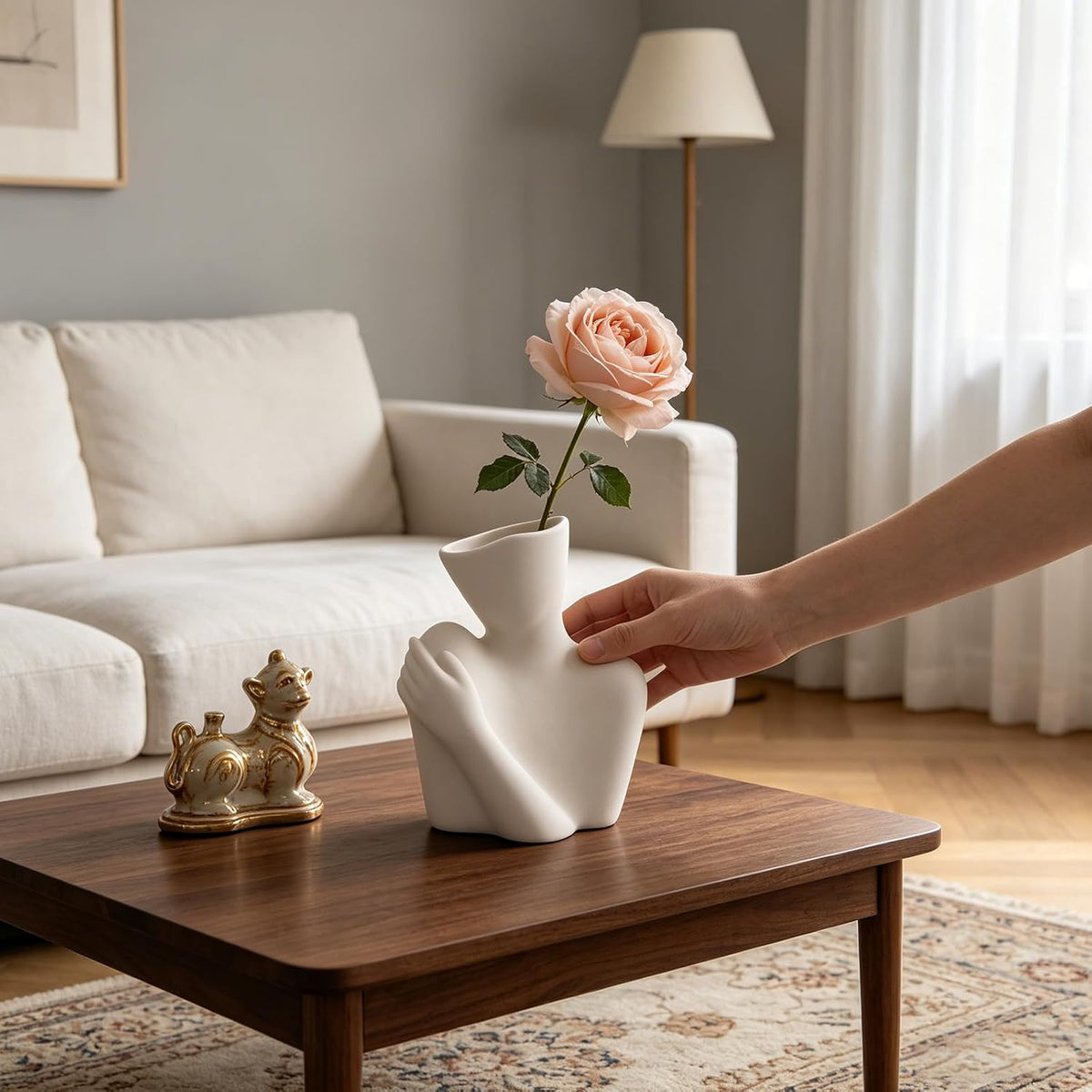 Ceramic Body Vase, Female Form Half Body Vase, Modern Minimalist Boho, Decorative Vase for Living Room, Bedroom, Shelf, Dining Table, Bathroom & Office, (White Shoulder-Grazing Style)