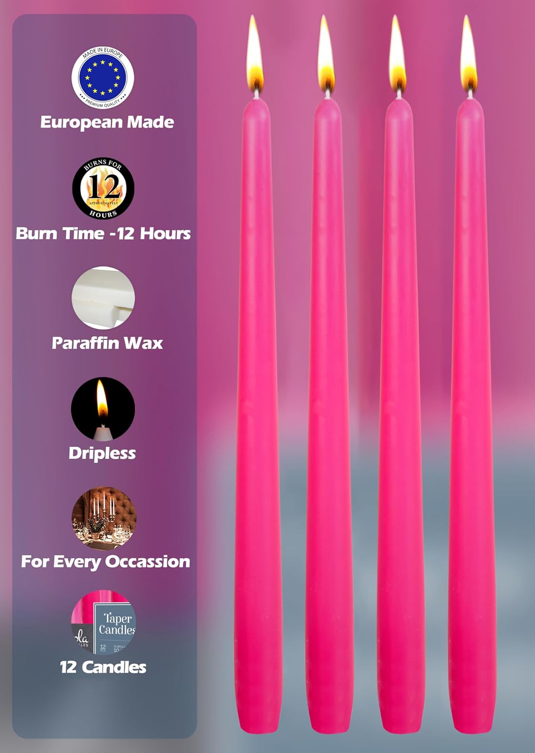 Hyoola 12 Pack Tall Taper Candles - 14 Inch Hot Pink - Fuchsia Dripless, Unscented Dinner Candle - Paraffin Wax with Cotton Wicks - 12 Hour Burn Time