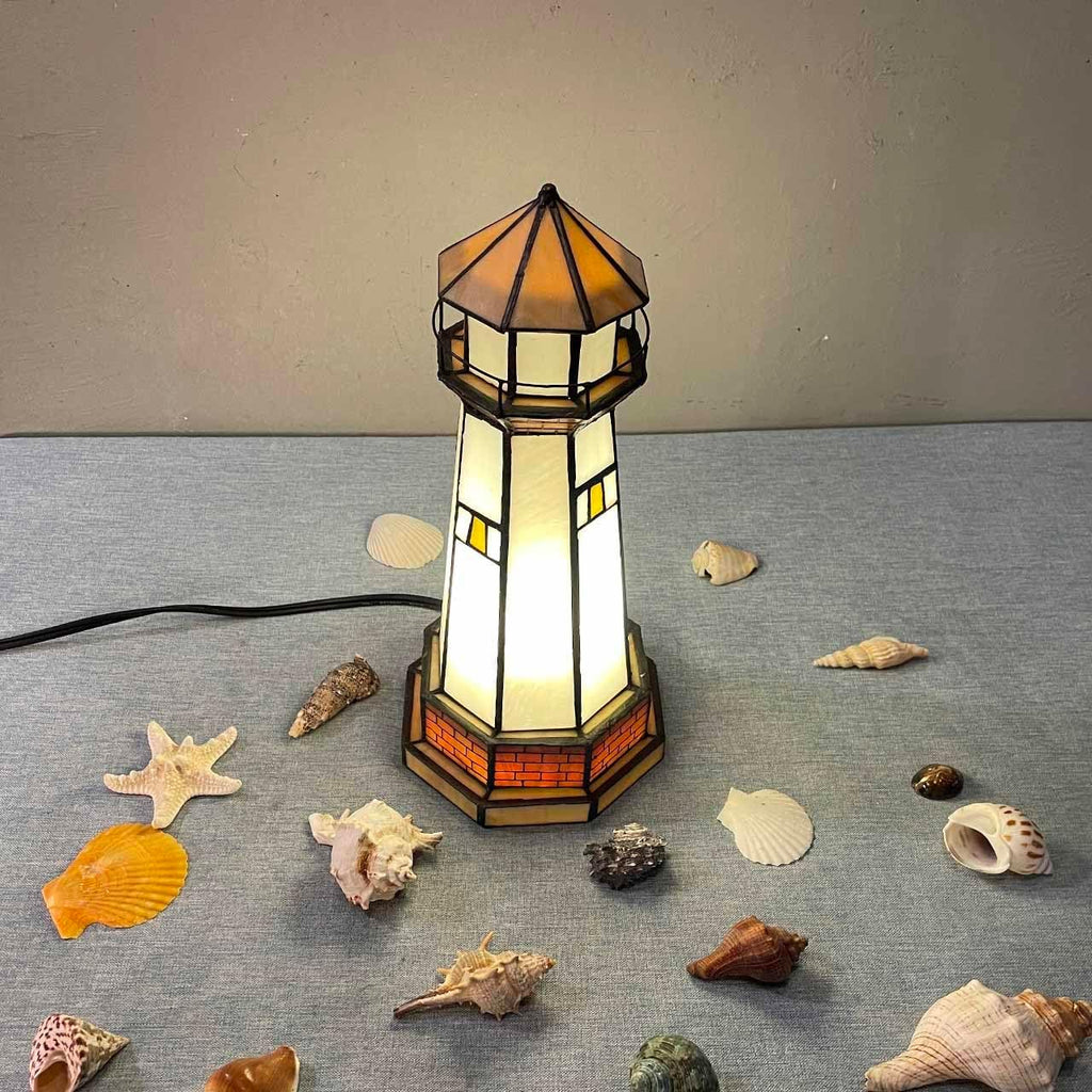 Bieye L10626 Lighthouse Tiffany Style Stained Glass Accent Table Lamp Night Light for Home Decoration (6x6x12, Orange)