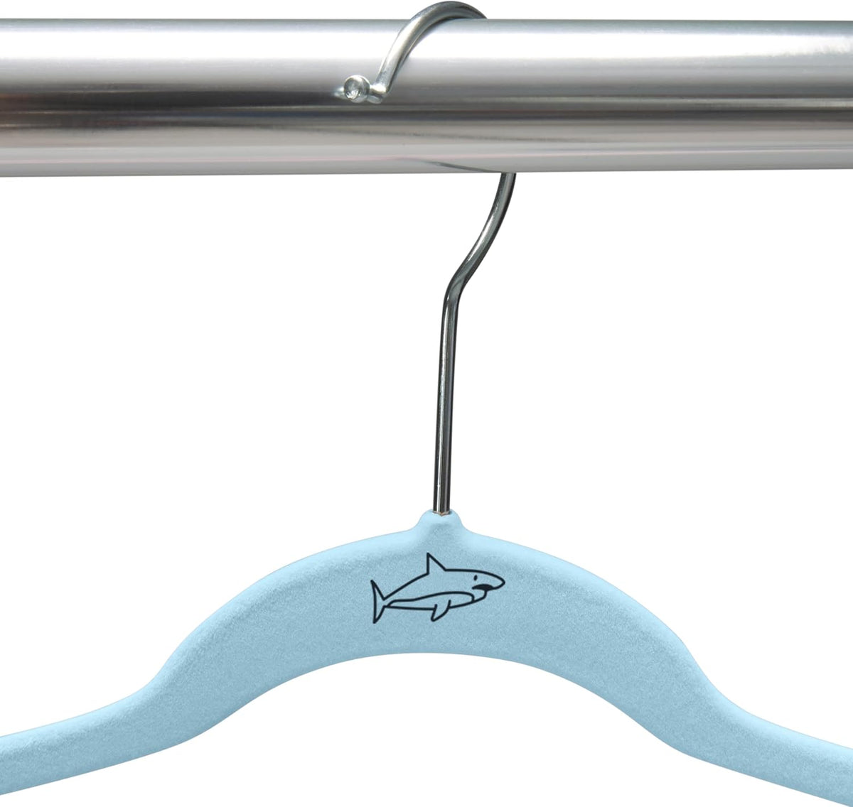 Simplify Kids 100 Pack Velvet Hangers with Shark Icon in Light Blue