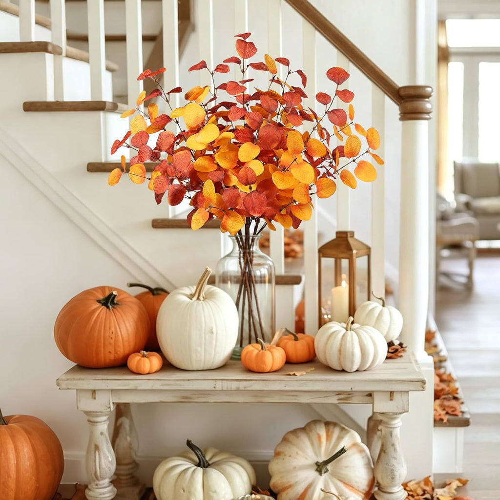 Beferr Fall Eucalyptus Stems Decor, 5Pcs 23" Artificial Eucalyptus Branches Autumn Leaves Fake Plants Floral Arrangements Thanksgiving Farmhouse Home Table Decorations