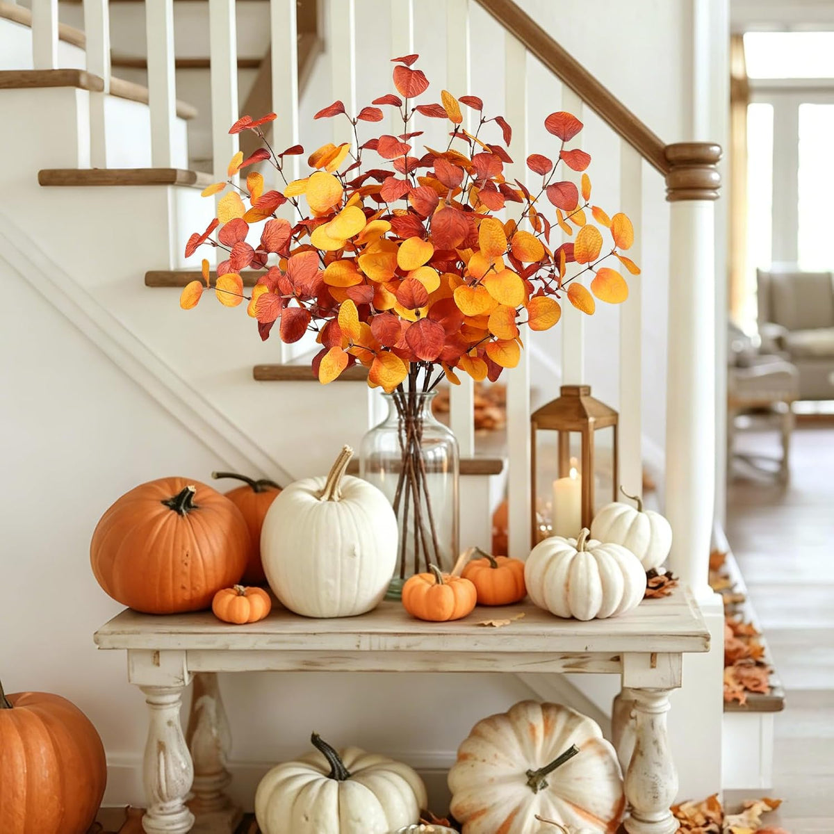 Beferr Fall Eucalyptus Stems Decor, 5Pcs 23" Artificial Eucalyptus Branches Autumn Leaves Fake Plants Floral Arrangements Thanksgiving Farmhouse Home Table Decorations