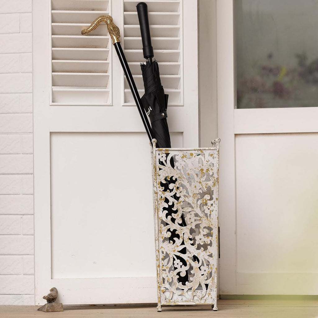 Vintage White Metal Umbrella Holder with Ornate Cutout Pattern Antique Decorative Umbrella Stand with Detachable Drip Tray for Entryway Storage Umbrellas Canes & Walking Sticks (White)