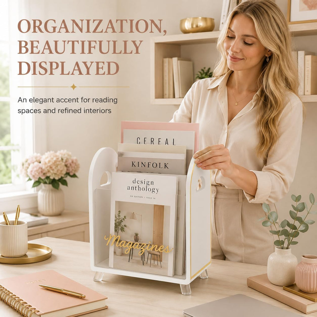 Khen Acrylic Magazine Rack Holder & Gold Trim - 12.40" x 10" x 4.49" - Crystal Lucite Clear - Shatterproof - Open Top - Space Saver - For Magazines, Publications, Office Desk, Reception, Waiting Room