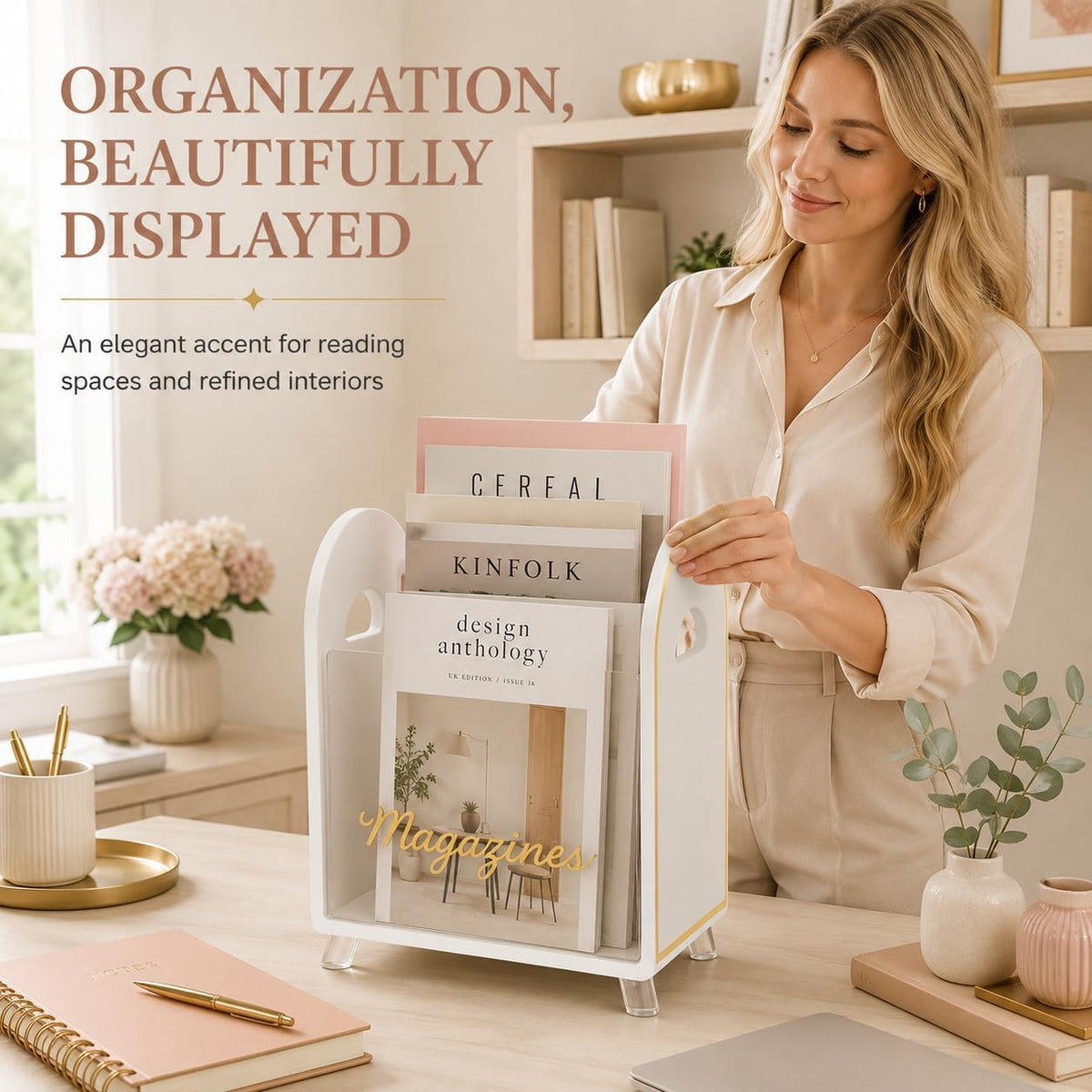Khen Acrylic Magazine Rack Holder & Gold Trim - 12.40" x 10" x 4.49" - Crystal Lucite Clear - Shatterproof - Open Top - Space Saver - For Magazines, Publications, Office Desk, Reception, Waiting Room