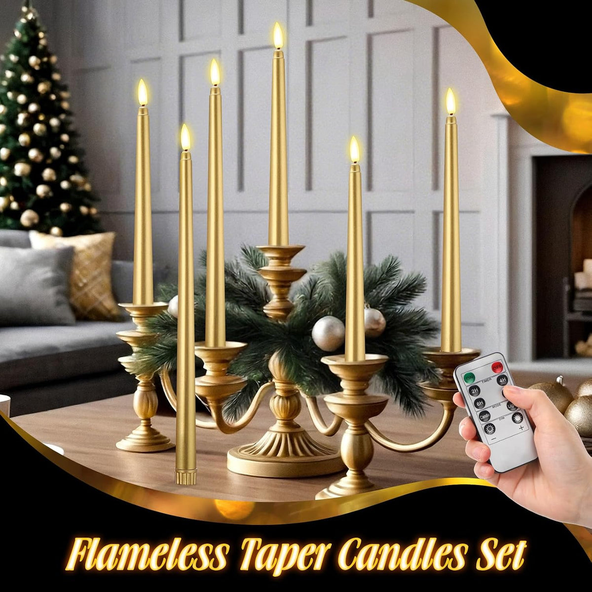 Rossesay 28 Pcs Flameless Taper Candles with Timer Remote, Gold