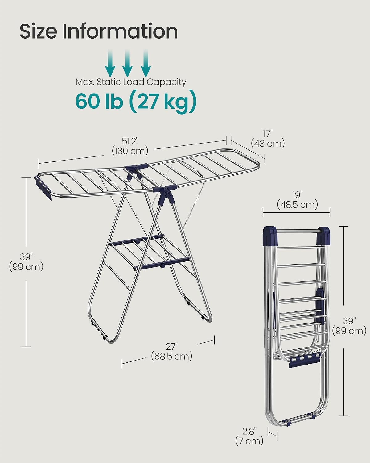 SONGMICS Clothes Drying Rack, Foldable Metal Airer, 17 x 51.2 x 39 Inches