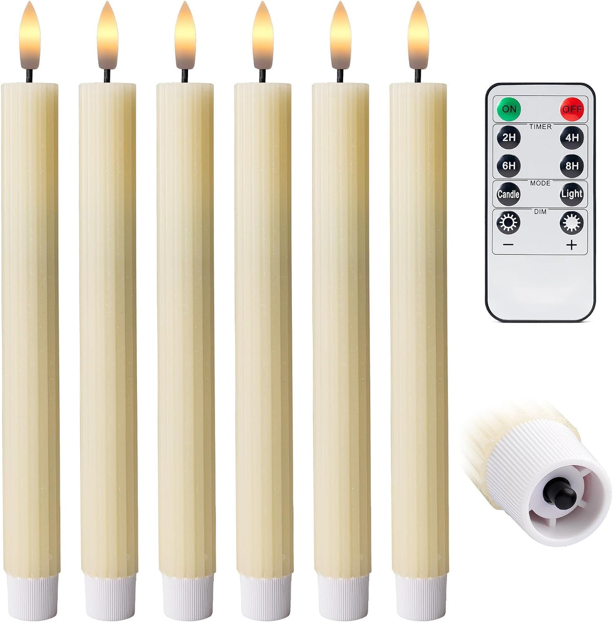 6 Pack, 10" LED Flameless Real Wax Ivory Fluted Ribbed Grooved Taper Candles, Remote & 24h Timer Memory, On/Off Button, Dimmable, Flicker Mode, Battery Operated, Wedding
