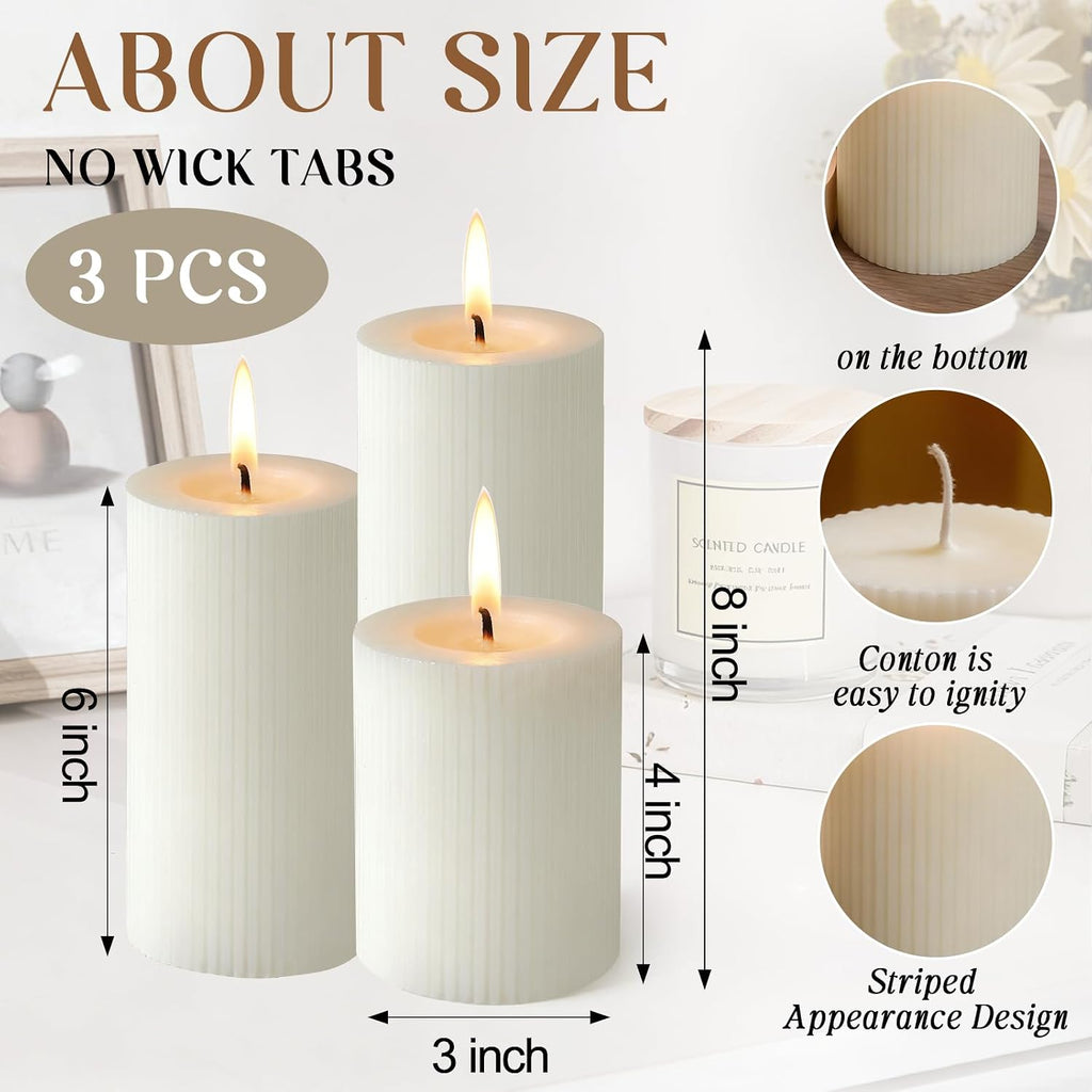 3 Packs Thick Ribbed Pillar Candles, 4/6/8 Inch, White, Soy