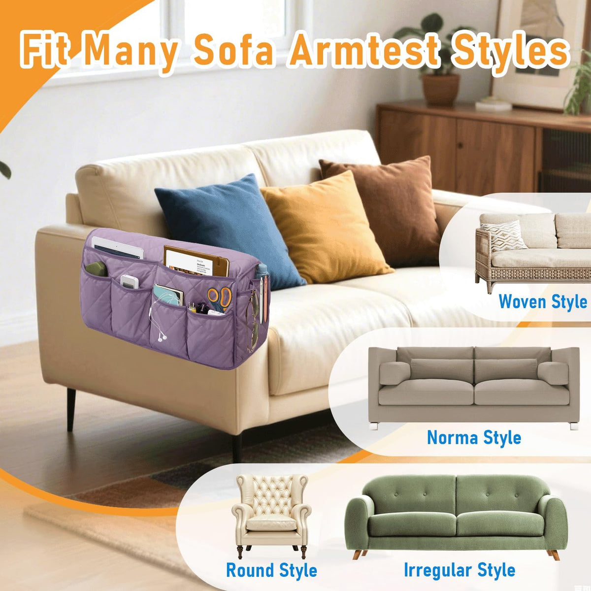 Armchair Caddy for Recliner, Non-Slip Recliner Pocket Organizer, Remote Holder for Recliners, Sofa Armrest Organizer, Couch Caddy with 14 Pockets Storage for TV Remote, Phone, Magazine (Purple)