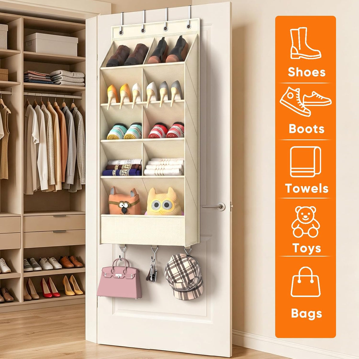 Over the Door Shoe Organizer, 5 Tiers with 9 Compartments, Beidge