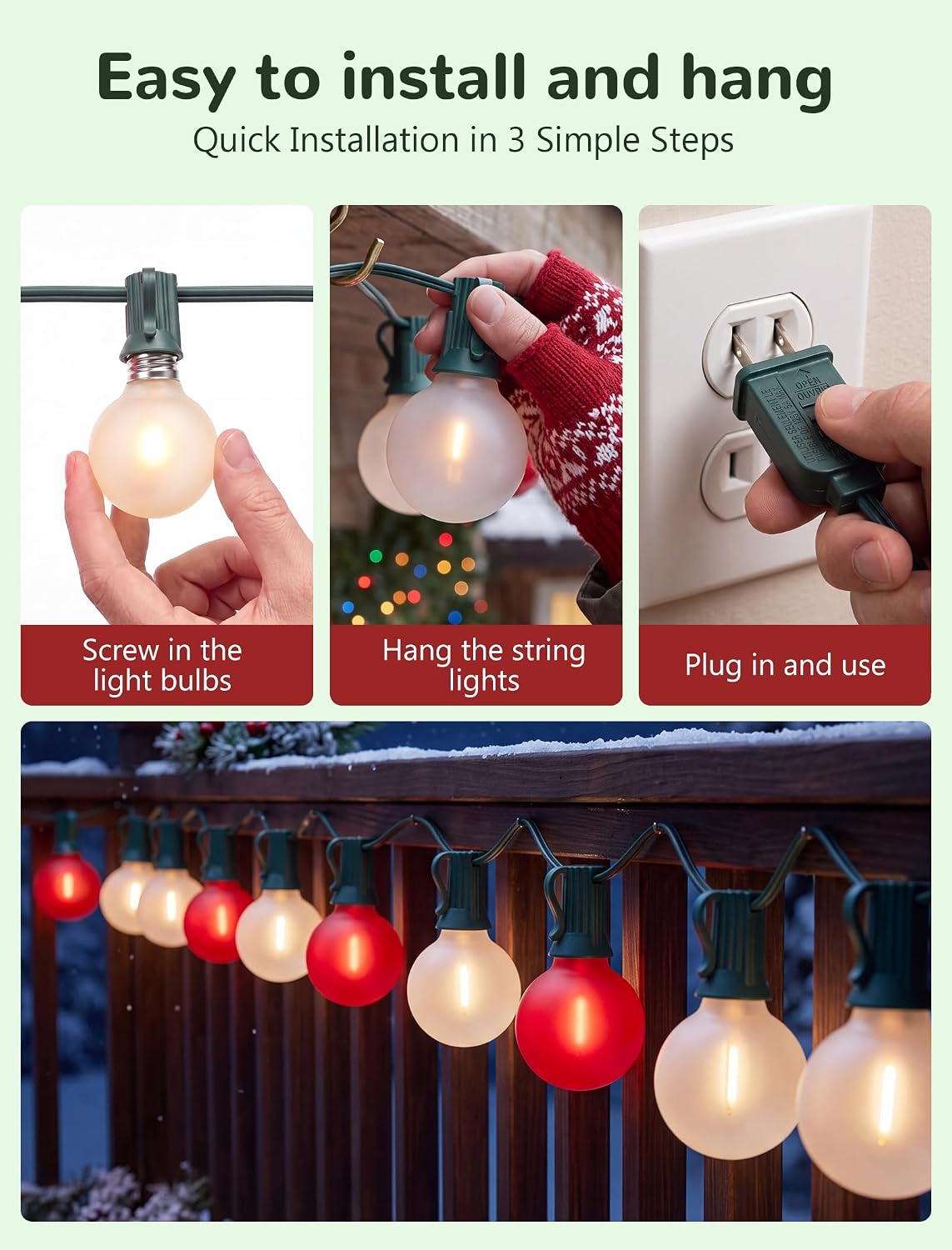 50FT 25 LED Frosted Red and White Christmas Lights Outdoor, G40 Globe Bulbs