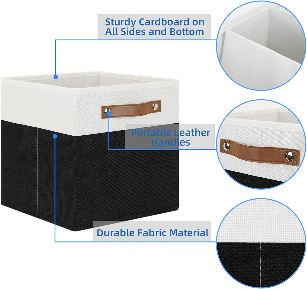 Temary 11 inch Cube Storage Bin 4 Pack Fabric Storage Cubes for Home, Fabric Storage Bin Storage Cube Bins with Leather Handles(White&Black)