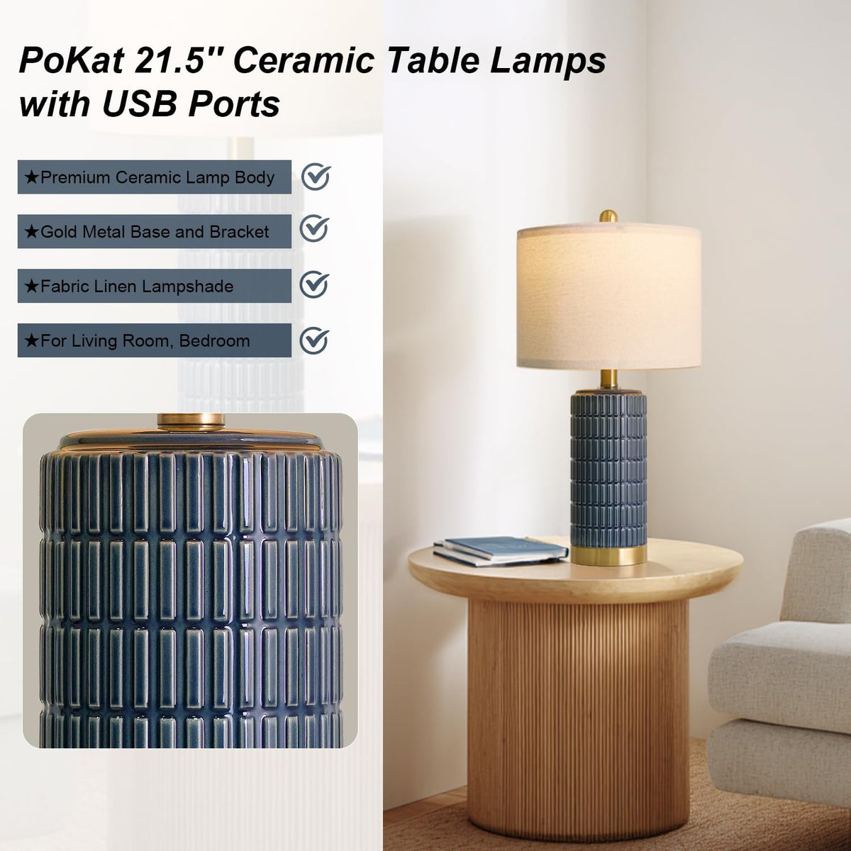 PoKat 21.5'' Bedside Table Lamps Set of 2 with USB A+C Ports for Living Room, Ceramic Modern Lamps for Bedroom, Small Nightstand Lamps for Office Guest Room Hallway Sideboard Gift Decor (Blue)
