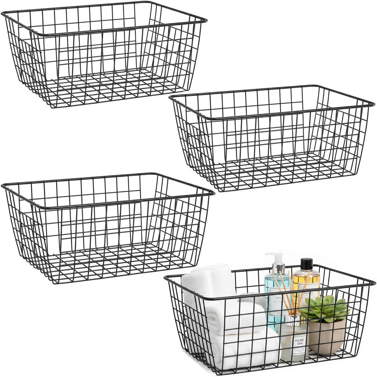 Metal Black Large Wire Basket Food Storage Organizer,pantry organizers and storage for Organizing Kitchen Cabinets potato onion, 4 Pack