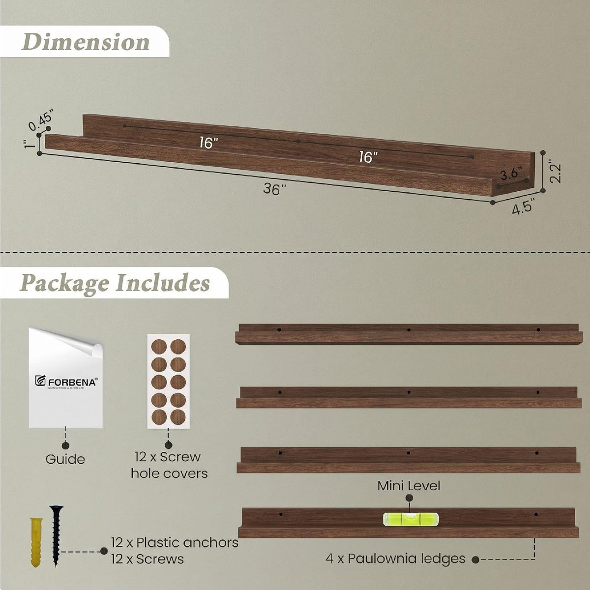 36 Inch Picture Ledge Shelf 4-Pack, Walnut Floating Shelves for Living Room