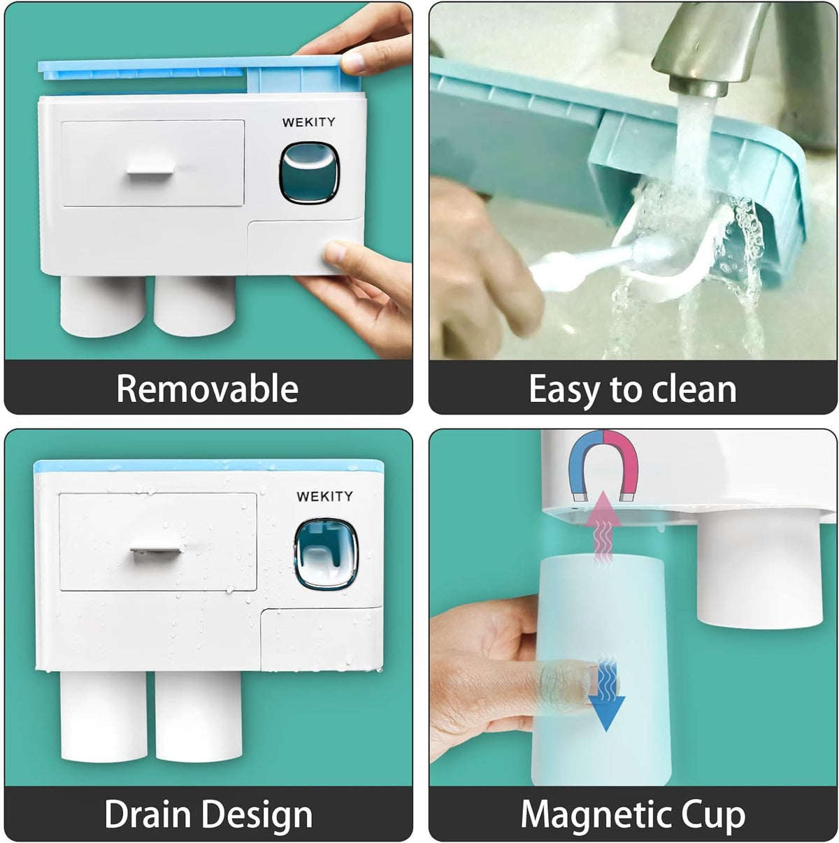 Multifunctional Wall-Mounted Toothbrush Holder, Automatic Toothpaste Dispenser Space Saving Toothbrush and Toothpaste Holder, with 2 Cup and Drawers Cosmetic Organizer (Blue)