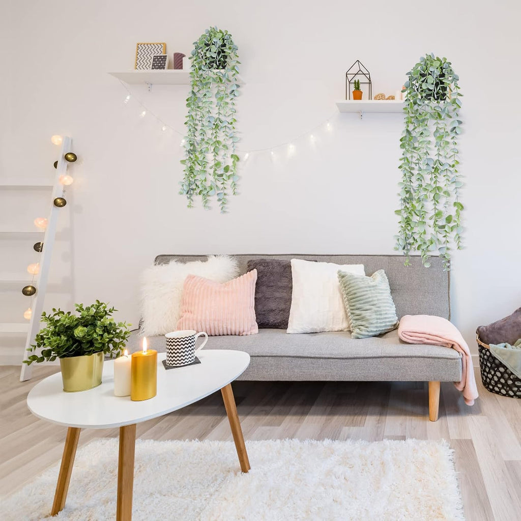 Fake Hanging Plants Eucalyptus Potted Artificial Plant Small Faux Ivy Vines Decor for Floating Shelf Kitchen Bathroom Cabinets Indoor Outdoor Pack of 2 23.6 Inches Long