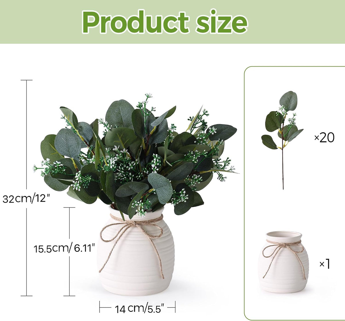 20pcs Artificial Eucalyptus Plants in Vase for Modern Farmhouse Home Decor