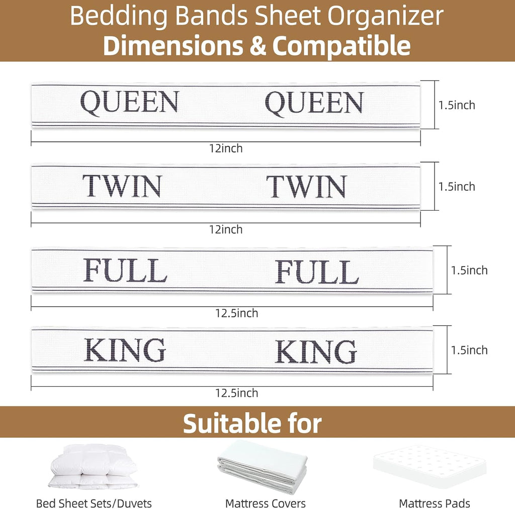 Sheet Linen Labels Bed Sheet Organizer Bands - Elastic Storage Organizer for Linen Closet - King 4 Pack