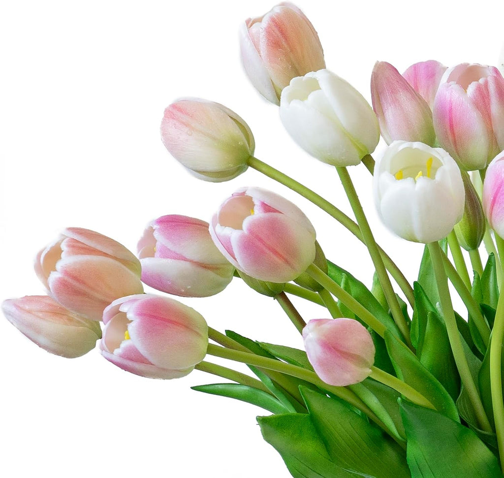 DUYONE 40pcs Artificial Tulips Flowers, Latex Bouquet,Fake Tulips for Office Wedding Party Home Kitchen Garden Decoration-B Peach Pink Set