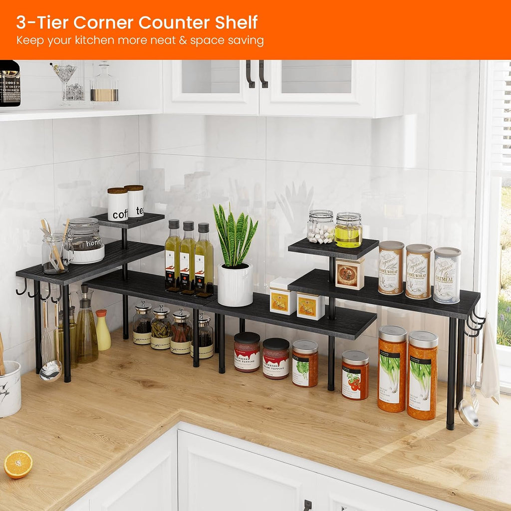 Homode Bathroom Counter Organizer Corner Shelf, Kitchen Countertop Organizer, 3 Tier Wood Counter Shelf Stand for Over the Sink, Coffee Station, Desktop, Black