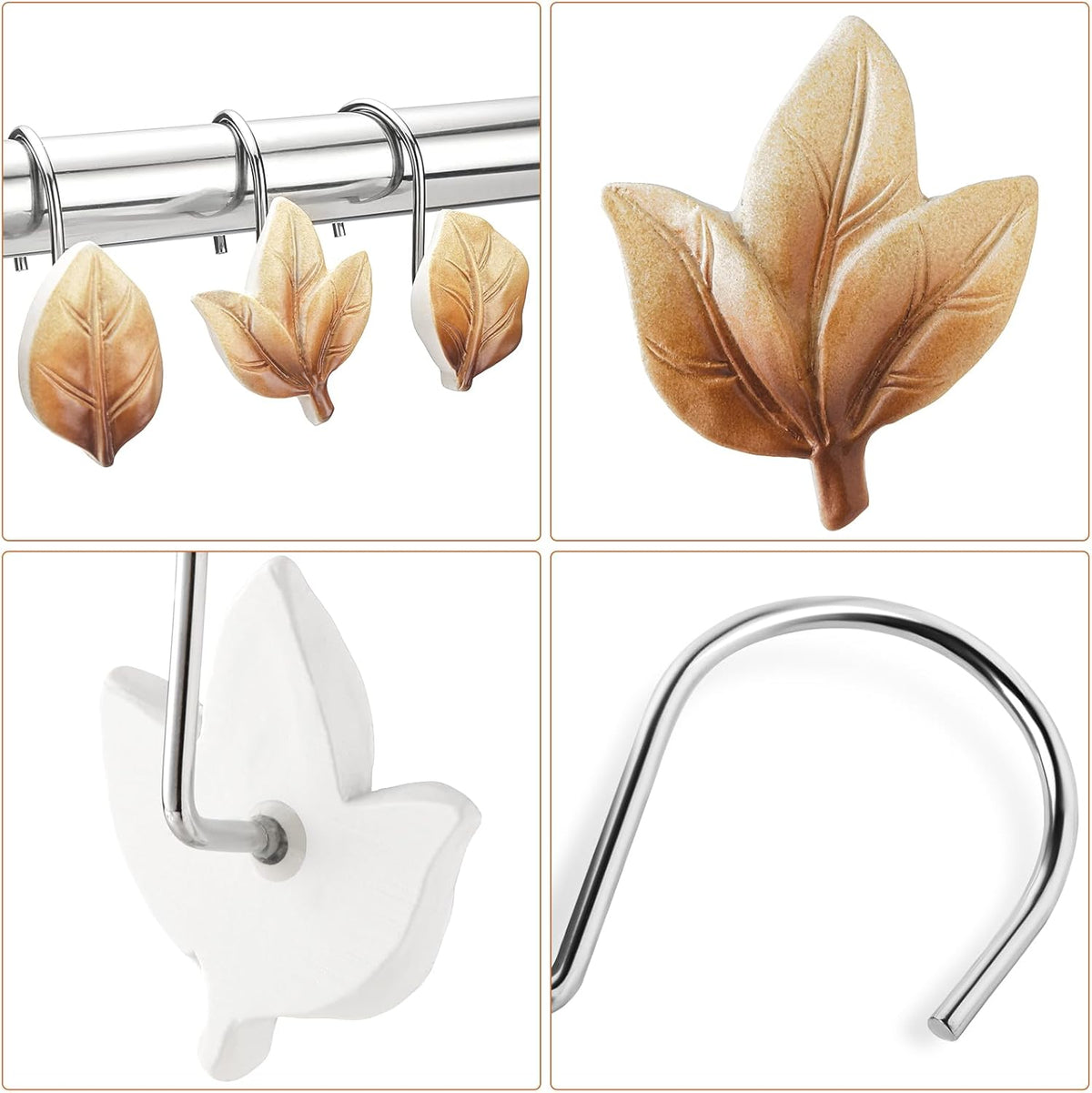 Brown Plant Leaf Shower Curtain Hooks,Eucalyptus Bathroom Decor,12PCS