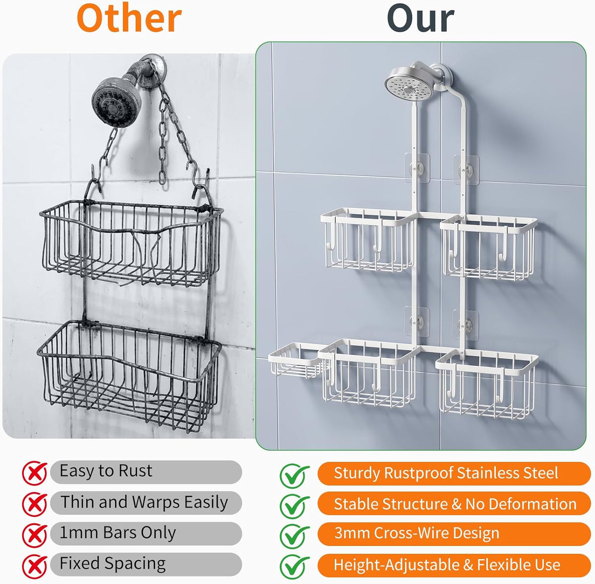 Luxspire Hanging Shower Caddy Overhead, Shower Organizer Hanging, White
