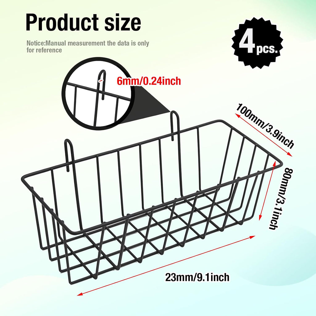 4 Pcs Gridwall Accessories 9"" x4 x3 Hanging Basket Wall Mounted Grid Plate Wire Basket for Kitchen Grid Plate Wall Mounted Storage Basket Black Metal Hanging Basket Organizer