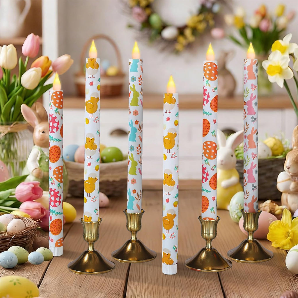 6Pcs Easter Taper Candles – 10.6" Battery Operated Flameless LED Candles with Bunny, Chick & Egg Patterns, Flickering Flame, Safe Spring Decor for Table Centerpiece, Party & Home Decor