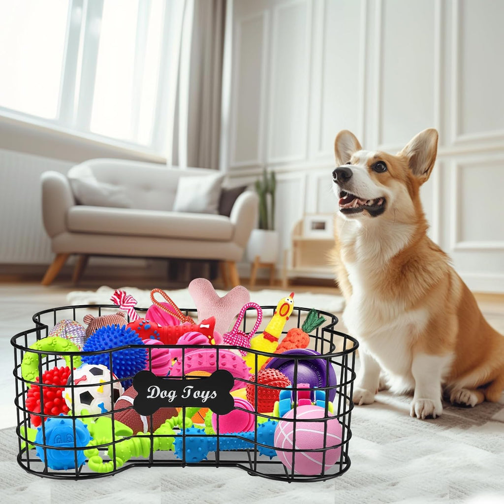 Metal Dog Toy Basket, Iron Wire Dog Toy Bin, Dog Bone Shaped Basket
