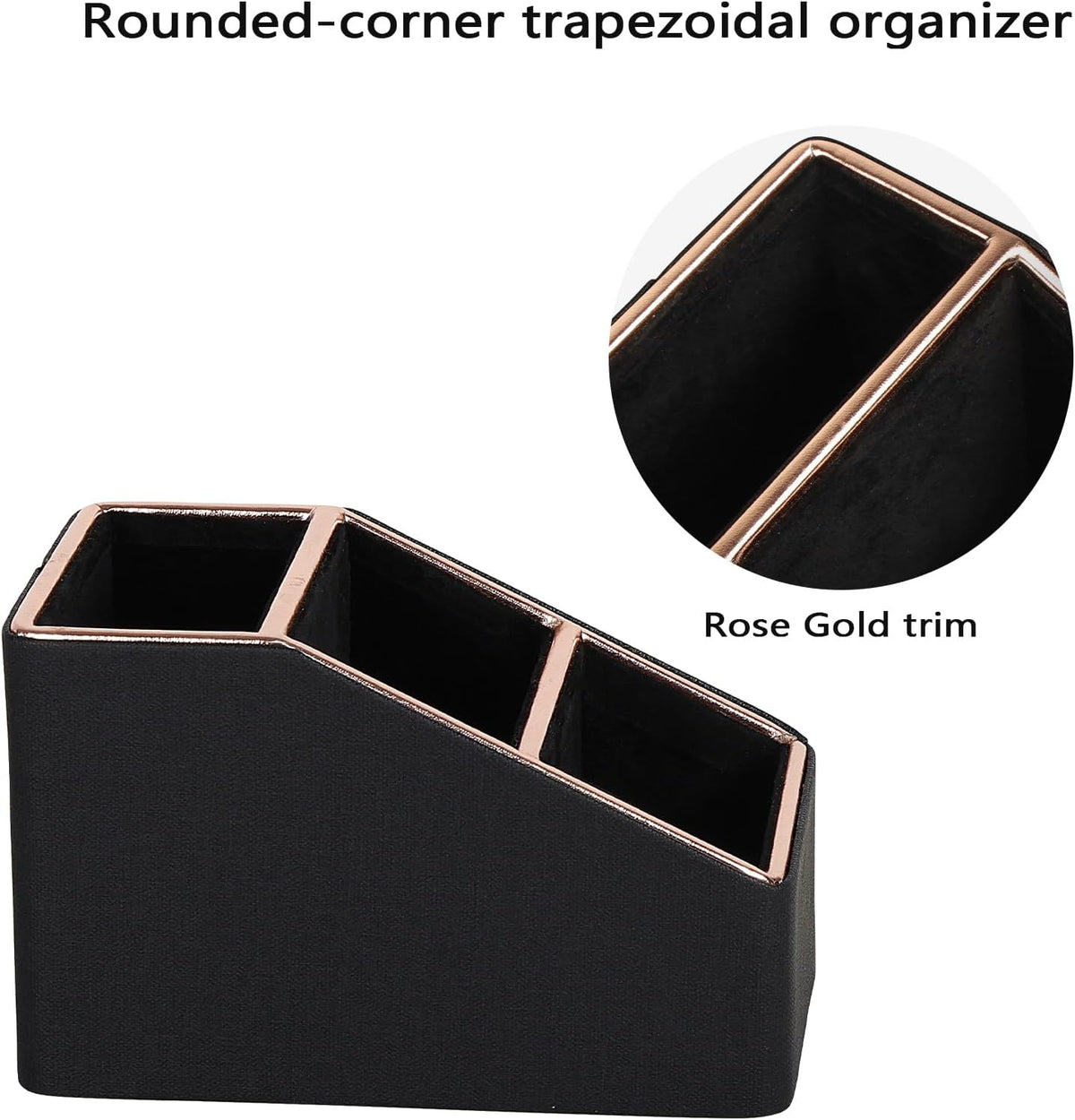 Rose Gold Edge Inlaid Leather Desktop Organizer, Remote Control Holder,Nightstand Remote Caddy, Multi-Functional Storage Box for Cellphone,Pens, Makeup Brushes, Lipsticks & Small Cosmetics (Black)