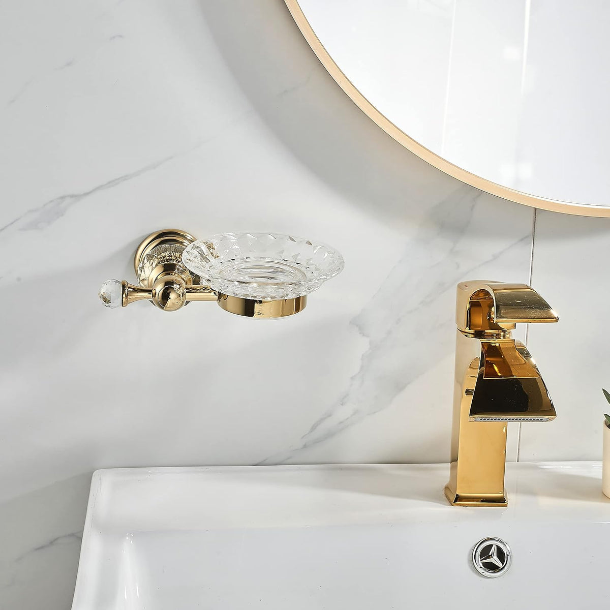 WOLIBEER Crystal Soap Dish Holder, Polished Gold Shower Soap Holder Stainless Steel Soap Saver Tray for Bathroom Wall Mounted