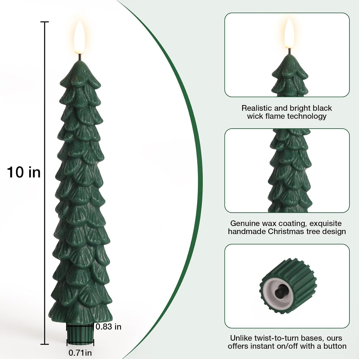 Eywamage Green Christmas Tree Flameless Taper Candles with Remote Set of 2