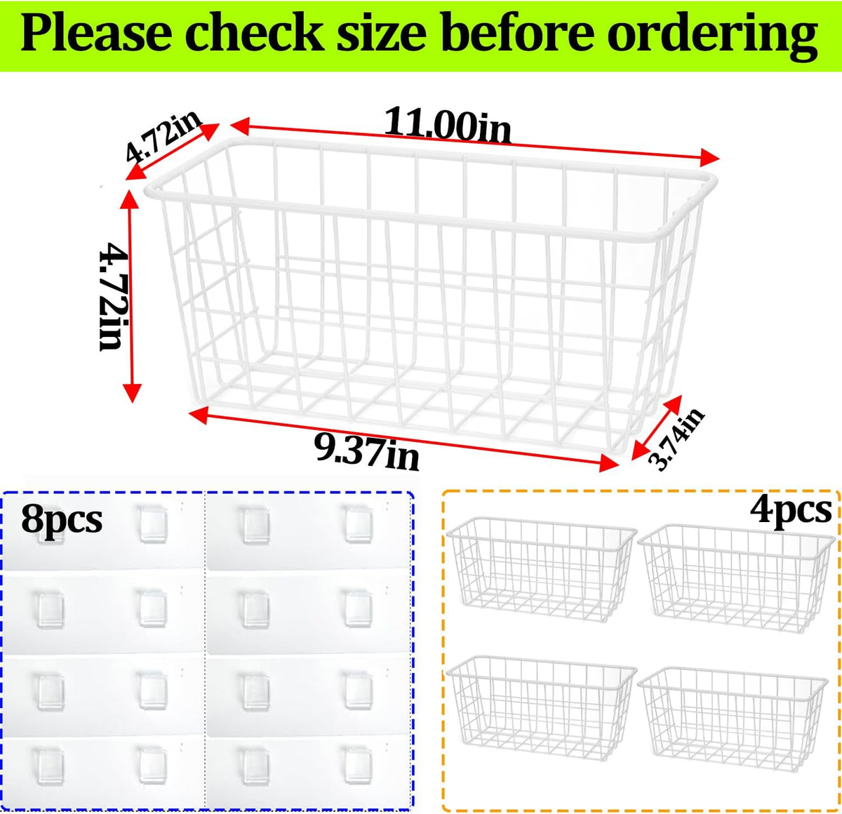 Hanging Kitchen Baskets Adhesive Sturdy Wire Storage Baskets with Kitchen Food Pantry Bathroom Shelf Storage No Drilling Wall Mounted,White,4 Pack