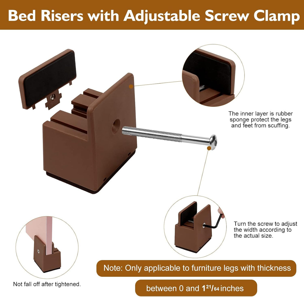 Bed Risers 2 Inch with Adjustable Screw Clamp, 4 Pack Heavy Duty Furniture Risers, Supports up to 5,000 lbs, Fits Furniture Legs with Thickness from 0 to 1.3 Inch(Brown, Type-S)