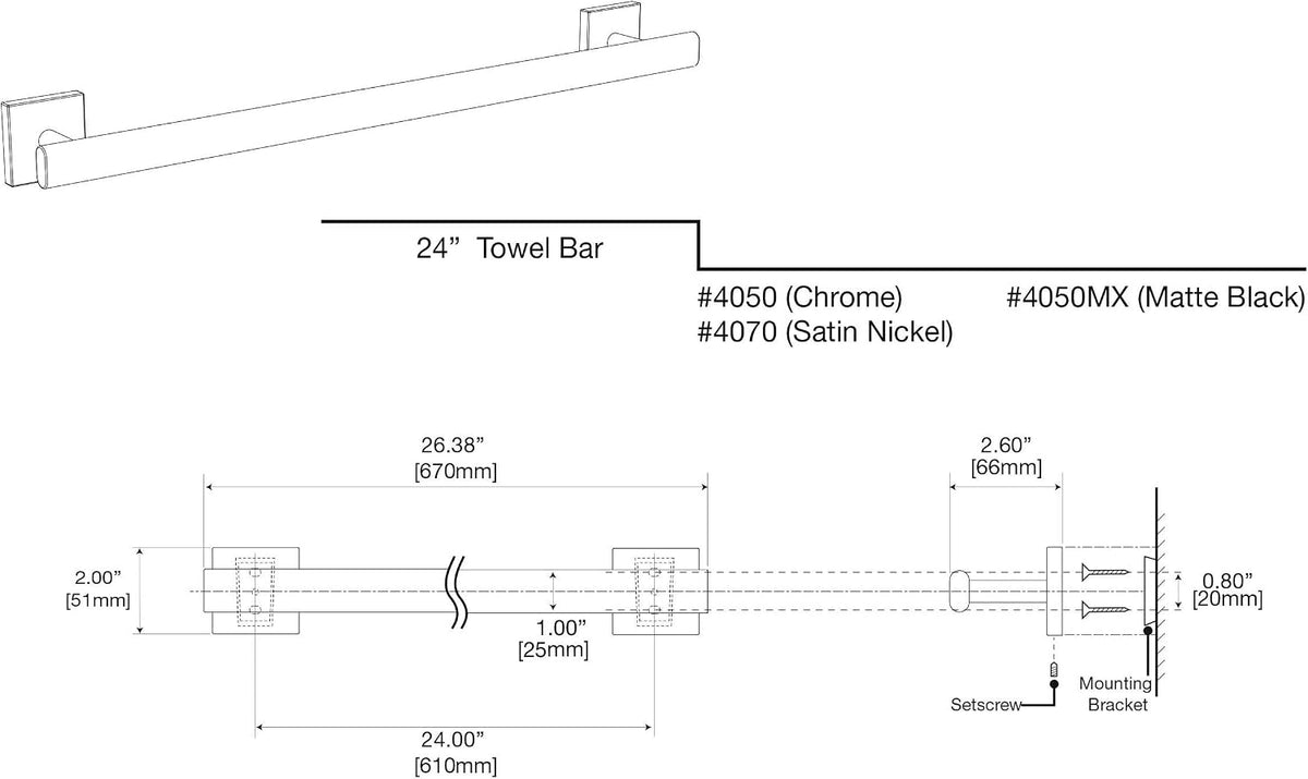 Gatco 4050 Elevate 24" Towel Bar, Chrome